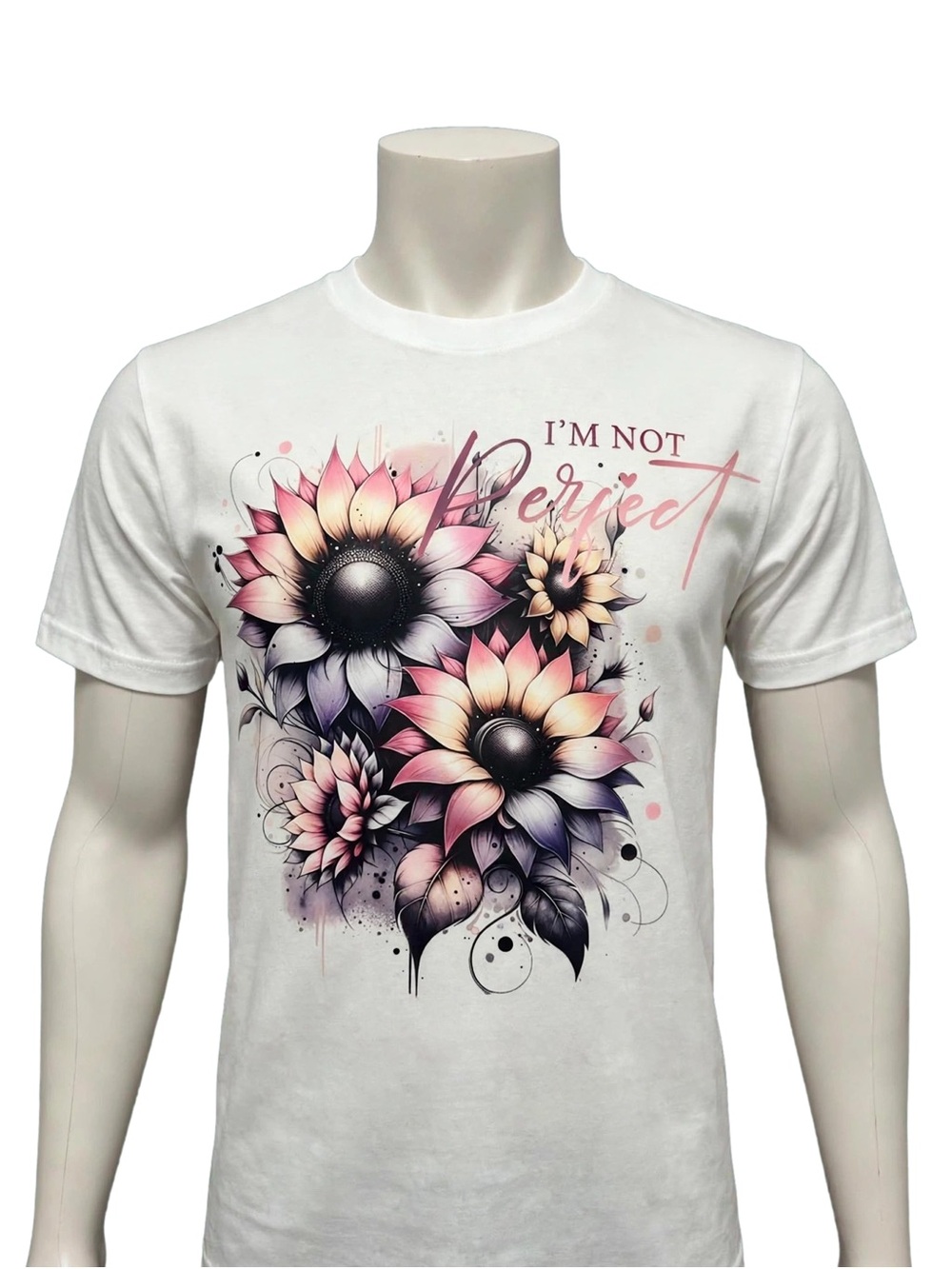White Floral Graphic Short Sleeve Tee - I'm Not Perfect